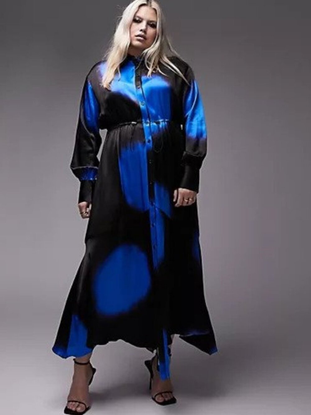 NWOT Topshop Curve Cobalt Blue Eclipse Satin Drawstring Midi Shirt Dress 14